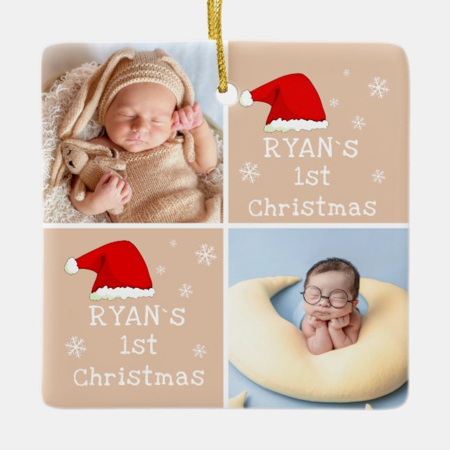 1. Weihnachten 2 Fotos Weihnachtsmannmütze Snowfla Keramikornament (Vorderseite)