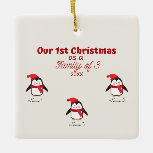 1. Weihnachten als Familie von 3 Pinguin-Ornament Keramikornament (Vorderseite)