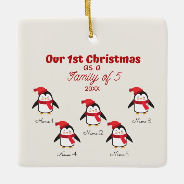1. Weihnachten als Familie von 5 Pinguinen Ornamen Keramikornament (Vorderseite)