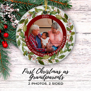 1. Weihnachten als Großeltern 2-Foto-Kranz Keramik Ornament