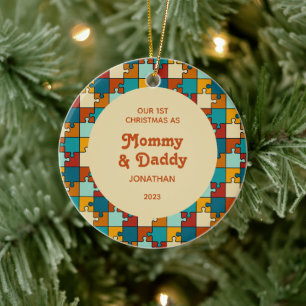 1. Weihnachten als Mama und Papa Vintage-Puzzle-Fo Keramik Ornament