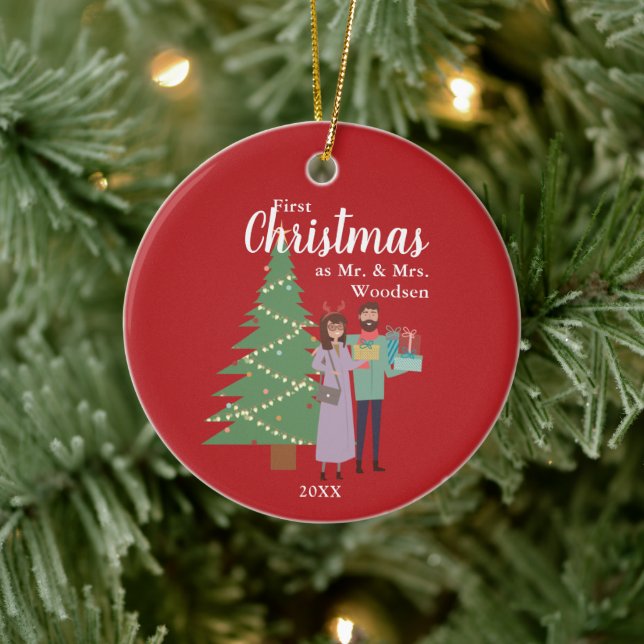 1. Weihnachten als Mr. & Mrs. Personalisiert Niedl Keramik Ornament (Baum)