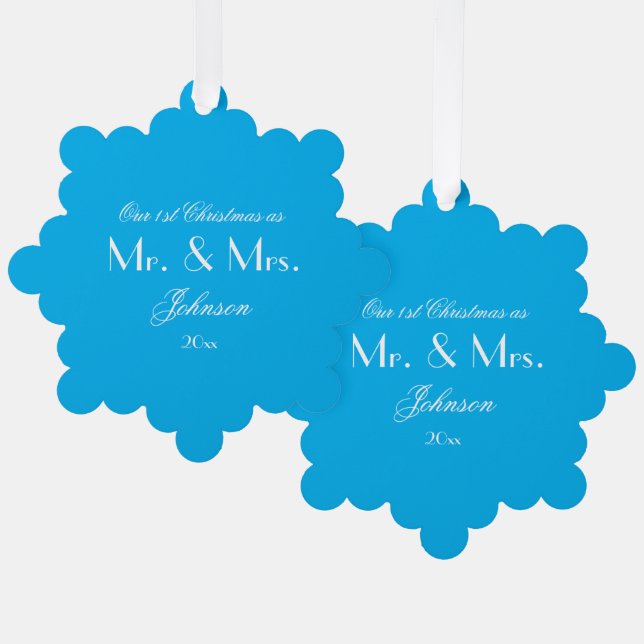 1. Weihnachten als Mr. & Mrs. Script Boho Chic Blu Ornament Karte (Vorderseite/Rückseite)