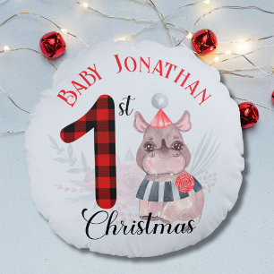 1. Weihnachten des Babyjungen Süße Rhinozeros-Sant Rundes Kissen