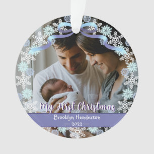 1. Weihnachten Neuer Baby Foto Name Light Blue Lil Ornament