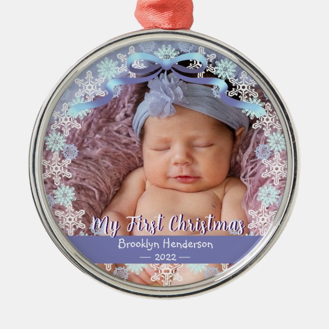 1. Weihnachten Neuer Baby Foto Name Light Blue Lil Ornament Aus Metall (Vorne)