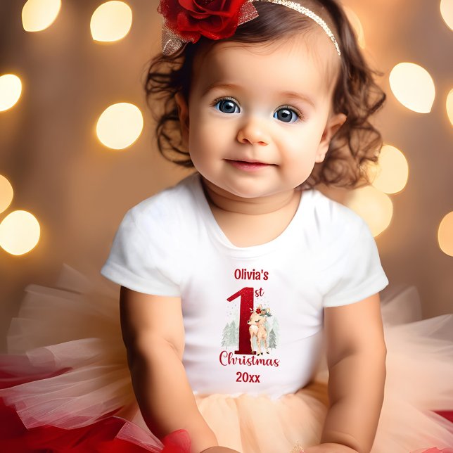 1. Weihnachten Niedlicher Hirschwald Name Girl Baby T-shirt (1st Christmas Cute Deer Forest Girl Name Baby T-Shirt)