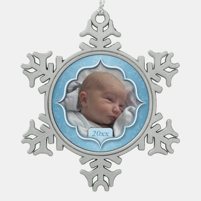 1. Weihnachten oder JEDES FOTO Blue Snowflake Schneeflocken Zinn-Ornament (Vorderseite)