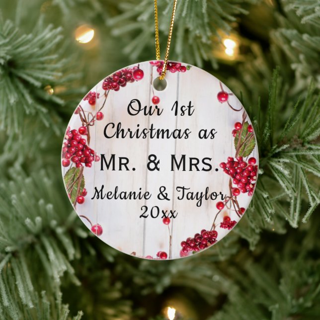 1. Weihnachten Rustic Mr. & Mrs. Foto Keramik Ornament (Baum)