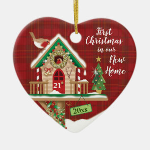 1. Weihnachten, unser neues Zuhause, Birdhouse Keramik Ornament