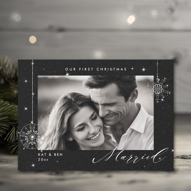 1. Weihnachten Verheiratet Schwarze Glitzern Moder (christmas card first married couple black glitter sparkle modern minimalist snowflake winter wonder)