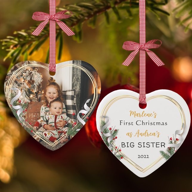 1. Weihnachts Big Sis Liebe Holly Pine Gold Frame Keramik Ornament (Von Creator hochgeladen)
