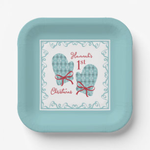 1. Weihnachts-Handschuhe Roter Bogen Feiertag Pappteller