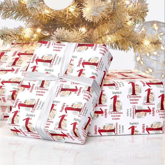 1. Weihnachts Hirnname Baby Mädchen Rote Nummer Ei Geschenkpapier (1st Christmas Deer Name Baby Girl Red Number One Wrapping Paper)