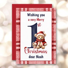 1. Weihnachts Niedlich Teddy Bear Baby Boy Red Blu Feiertagskarte