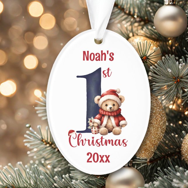 1. Weihnachts Niedlich Teddy Bear Baby Boy Red Blu Ornament (1st Christmas Cute Teddy Bear Baby Boy Red Blue Ornament)