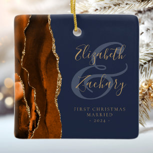 1. Weihnachts Verheiratet Burnt Orange Agate Navy Keramikornament