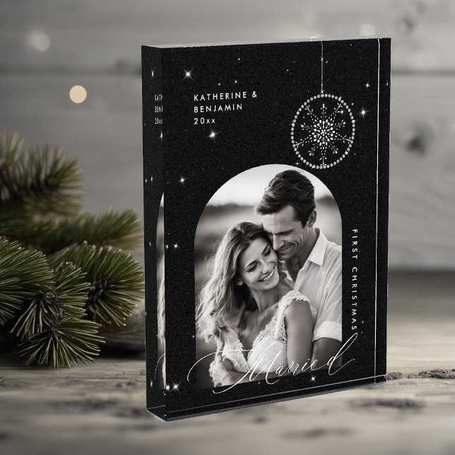 1. Weihnachts Verheiratete Schneeflocken Schwarzes Fotoblock (christmas gift first married couple white boho glitter sparkle modern minimalist snowflake winter)