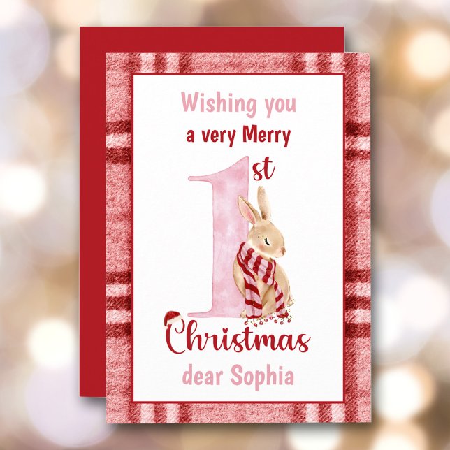 1. Weihnachtsbaby Niedlich Bunny Kariert Feiertagskarte (1st Christmas Baby Girl Cute Bunny Plaid Holiday Card)