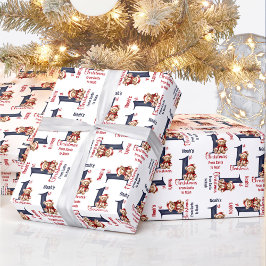 1. Weihnachtsbär Name Baby Boy Red Blue Geschenkpapier