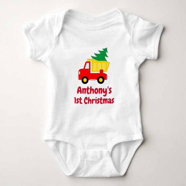 1. Weihnachtsbaum auf rotem LKW-Bodysuit Baby Strampler (Vorderseite)