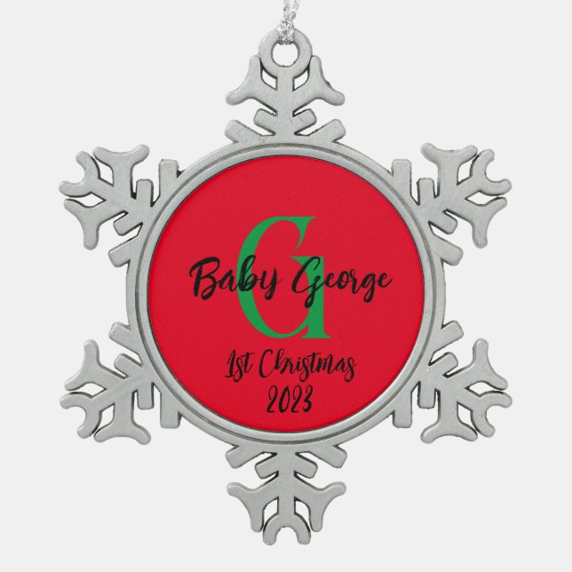1. Weihnachtsbaumschmuck unisex Monogramm Schneeflocken Zinn-Ornament (Vorderseite)
