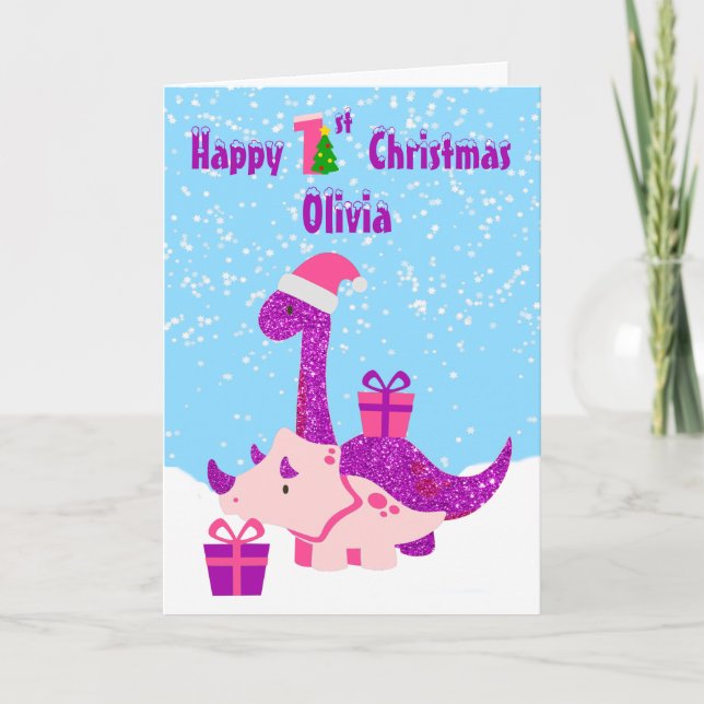 1. Weihnachtsdinosaurier Lila Personalisiert Karte (Vorderseite)