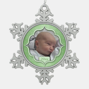 1. Weihnachtsfeier oder JEDES FOTO Grüne Schneeflo Schneeflocken Zinn-Ornament