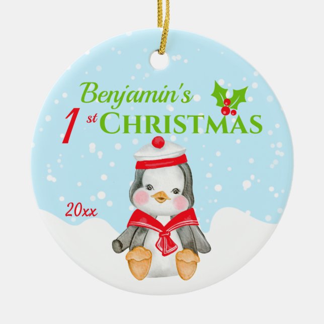 1. Weihnachtsjunge Penguin Foto Keramik Ornament (Vorne)