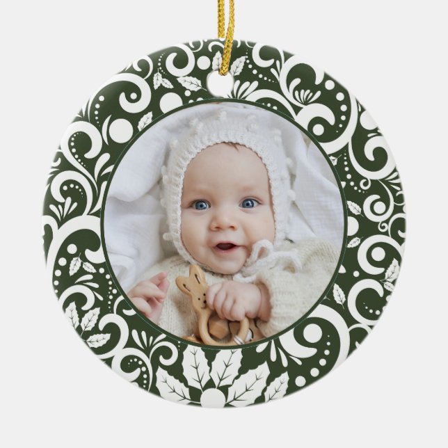 1. Weihnachtswald Grünes Foto Elegantes Festival Keramik Ornament (Vorne)