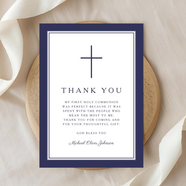 1Elegant Navy Blue Cross Boy First Communion Dankeskarte (Elegant Navy Blue Cross Boy First Communion Thank You Card)