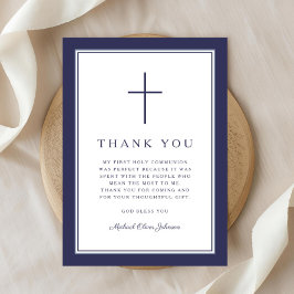 1Elegante Navyblaue Kreuz Jungen Erstkommunion Dankeskarte