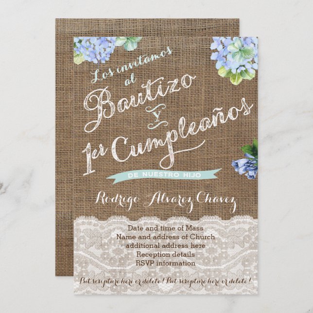 1er cumple y Bautizo, invitaciones niño Einladung (Vorne/Hinten)