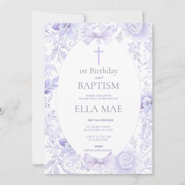 1st Birthday and Baptism for Girl Lilac Floral Einladung (Vorderseite)