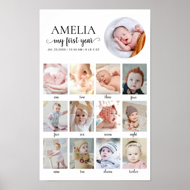 1st Birthday Baby Milestone 12 Months Custom Photo Poster (Vorne)