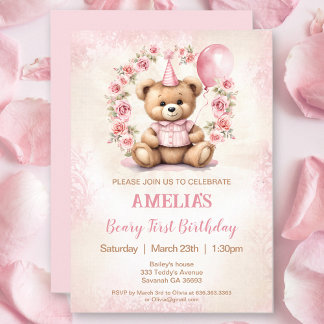1st Birthday Bear Pink Roses Invitation Einladung