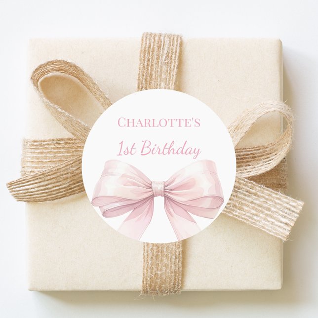 1st Birthday Bow Blush Pink Girl Runder Aufkleber (Von Creator hochgeladen)