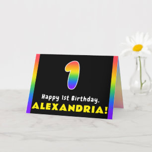 1st Birthday: Colorful Rainbow # 1, Custom Name Karte