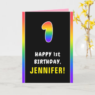 1st Birthday: Colorful Rainbow # 1, Custom Name Karte