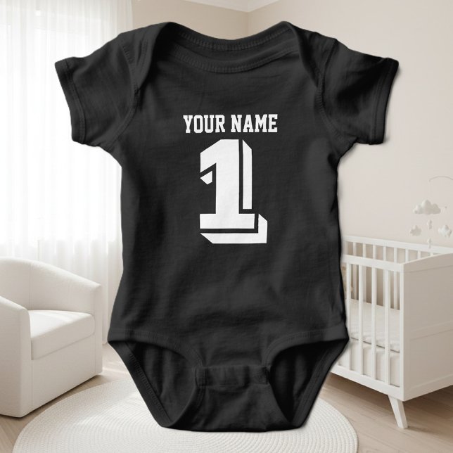 1St Birthday Football Jersey Nummer Baby Bodysuit Strampler (Black bodysuit for 1st Birthday)