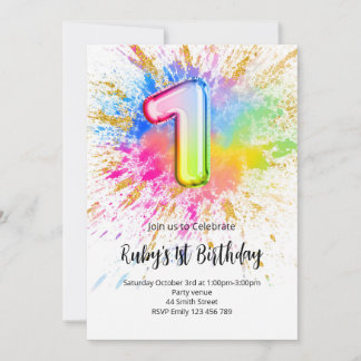 1st Birthday Rainbow Paint Splash Invitation Einladung