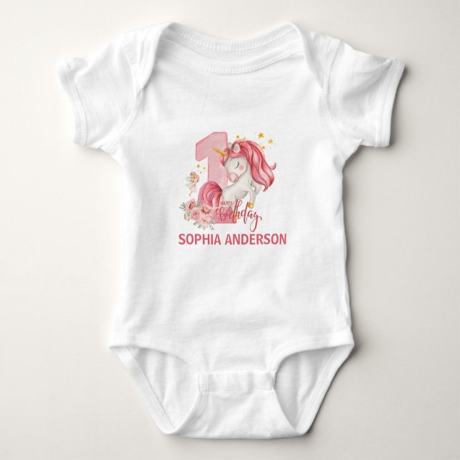 1st Birthday Unicorn Pink Little Girl  Baby Strampler (Vorderseite)