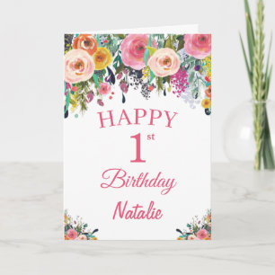 1st Birthday Watercolor Floral Flowers Pink Card Karte