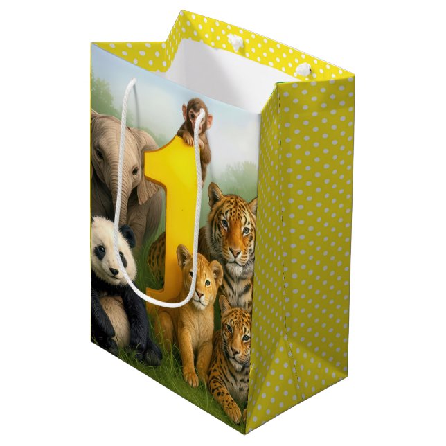 1st Birthday Wildlife Animal Babies Mittlere Geschenktüte (Vorderseite Schrägansicht)