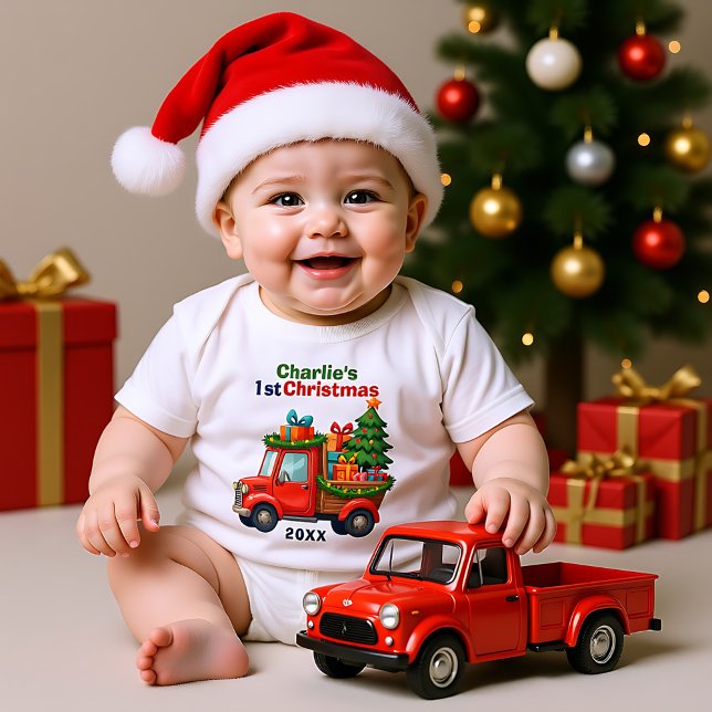 1st Christmas, cown text, Tree Haulin’ & Gift Ball Baby Strampler (1st Christmas, cown text, Tree Haulin’ & Gift Ball Baby Bodysuit)