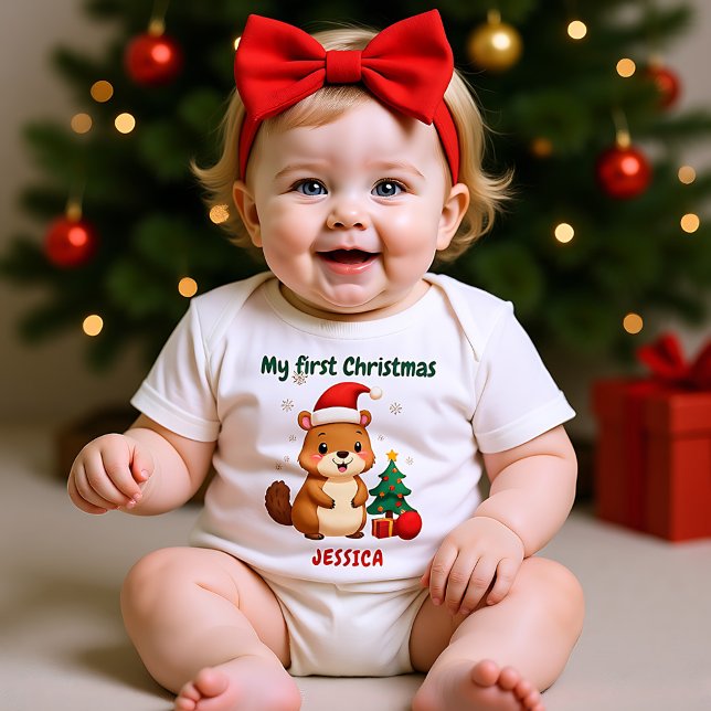 🎄1st Christmas, custom text, Tree-Mendous Debut Baby Strampler (1st Christmas, custom text, Festive Fox Trot Baby Bodysuit)