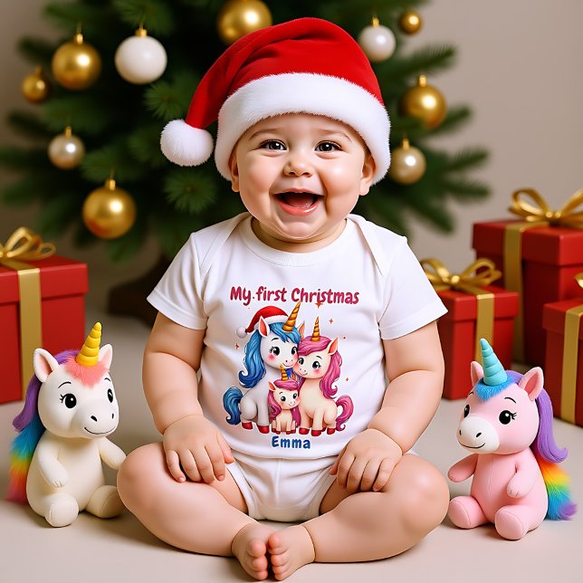 🎄1st Christmas, custom text, Unicorns & Mistletoe Baby Strampler (🎄1st Christmas, custom text, Unicorns & Mistletoe Baby Bodysuit)