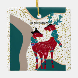 1st Christmas Deer Couple Bear Gold Hail Boho Art Keramikornament