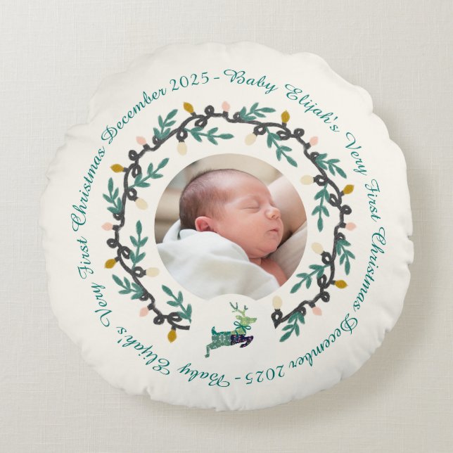 1st Christmas Deer with Wreath Teal Cream Rundes Kissen (Vorderseite)