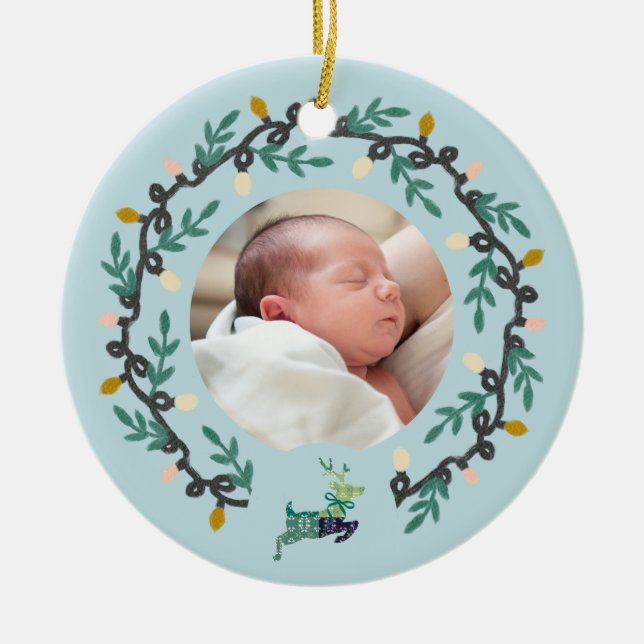 1st Christmas Deer with Wreath Teal Customize Keramik Ornament (Vorne)